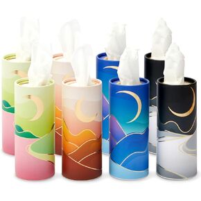 8 Pack Round Tissue Boxes for Car Cup Holder, Travel Size Refill Cylinder, 4 Moon and Landscape Gold Foil Designs (50 Tissues Per Container)