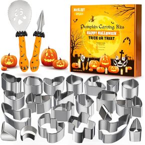 مجموعة نحت اليقطين من ميليدي، 24 قطعة سهلة وآمنة DIY استنسلات نحت اليقطين المعدنية المصنوعة من الفولاذ المقاوم للصدأ مجموعة أدوات نحت اليقطين للبالغين والأطفال in Kuwait