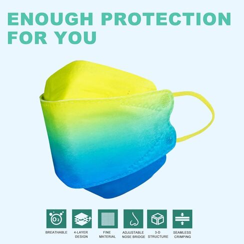 Multicolor Face Masks, LUCIFER Breathable 50 Pcs 4-Ply Gradient Multicolor Individual Packs Face Mask, Design with Elastic Ear Loop in Kuwait