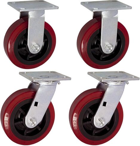 مجموعة عجلات شديدة التحمل مقاس 6 × 2 بوصة مكونة من 4-2 عجلات دوارة وعجلتين صلبتين - 3600 رطل لكل مجموعة مكونة من 4 قطع - (4 عبوات) - بولي يوريثين أحمر داكن على قلب بولي أوليفين أسود - عجلات العلامة التجارية CasterHQ in Kuwait