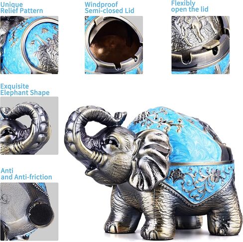 Metal Elephant Ashtray with Lid Windproof Ashtray Outdoor, Indoor Ashtray Ash Tray for Weed, Vintage Practical Decoration Ashtrays for Cigarettes Great Gift for Men Women-Bronze in Kuwait