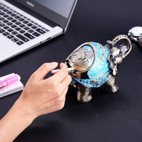 Metal Elephant Ashtray with Lid Windproof Ashtray Outdoor, Indoor Ashtray Ash Tray for Weed, Vintage Practical Decoration Ashtrays for Cigarettes Great Gift for Men Women-Bronze in Kuwait