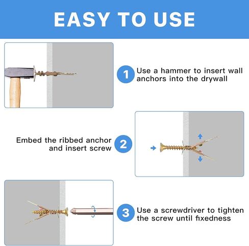 Worldity 200Pcs Self Drilling Drywall Anchors with Screws, Drywall Anchors Tapping Screw Kit, No Drill or Holes in Wall, Self-Drilling Drywall Anchors for Fixing Picture, Cabinet, TV Shelf -70lb in Saudi Arabia