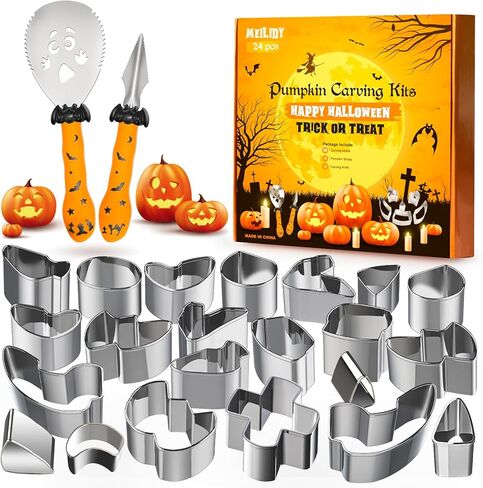 مجموعة نحت اليقطين من ميليدي، 24 قطعة سهلة وآمنة DIY استنسلات نحت اليقطين المعدنية المصنوعة من الفولاذ المقاوم للصدأ مجموعة أدوات نحت اليقطين للبالغين والأطفال in Kuwait