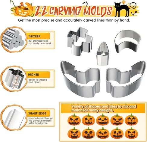 مجموعة نحت اليقطين من ميليدي، 24 قطعة سهلة وآمنة DIY استنسلات نحت اليقطين المعدنية المصنوعة من الفولاذ المقاوم للصدأ مجموعة أدوات نحت اليقطين للبالغين والأطفال in Kuwait