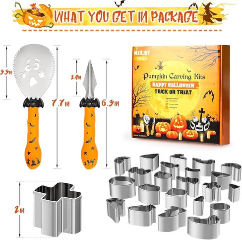 مجموعة نحت اليقطين من ميليدي، 24 قطعة سهلة وآمنة DIY استنسلات نحت اليقطين المعدنية المصنوعة من الفولاذ المقاوم للصدأ مجموعة أدوات نحت اليقطين للبالغين والأطفال in Kuwait