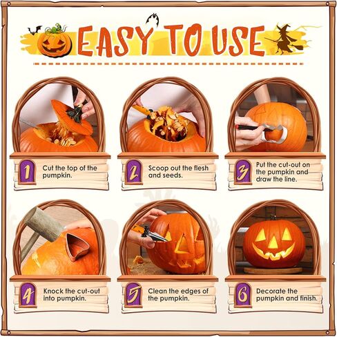 مجموعة نحت اليقطين من ميليدي، 24 قطعة سهلة وآمنة DIY استنسلات نحت اليقطين المعدنية المصنوعة من الفولاذ المقاوم للصدأ مجموعة أدوات نحت اليقطين للبالغين والأطفال in Kuwait