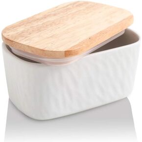 KOOV Porcelain Large Butter Dish with Lid for Countertop, Airtight Butter Container with Oak Lid, Butter Crock, Perfect for 2 Sticks of Butter, Texture Series (Dark Blue)