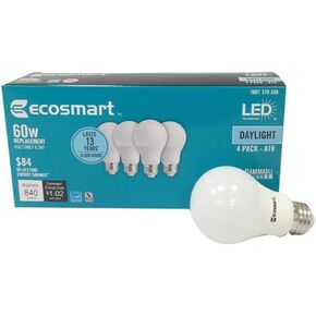 (4 عبوات) Ecosmart A19 LED 60 وات بديلة (8.5 وات) ضوء نهاري أبيض (5000 ك) 840 لومن من مصابيح الطاقة ذات قاعدة متوسطة E26 قابلة للتعتيم على شكل منتظم in Kuwait