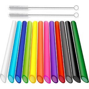 ALINK 12 PCS Reusable Boba Straws, 13 mm x 8.5 in Colored Plastic Smoothie Straws for Bubble Tea, Tapioca Pearls with 2 Cleaning Brush - Pointed Design