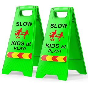 2 Pack Kids at Play Safety Signs for Street, Children at Play Safety Signs with Reflective Tape 17.5" Height Double-Sided Easier to Identify, Slow Down Kids at Play Sign for Street Neighborhoods Community(Green) in Kuwait