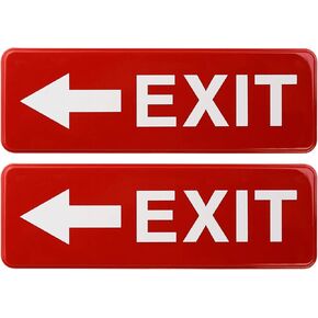 Excello Global Products Easy to Mount 9 by 3 in Informative Plastic Left Arrow Exit Sign with Symbols, Red, Pack of 2