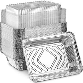 MontoPack Disposable Takeout Pans with Clear Lids | 1lb Capacity Aluminum Foil Food Containers with Strong Seal for Freshness & Spill Resistance | Eco-Friendly & Recyclable | 50-Pack of 5x4" Drip Pan