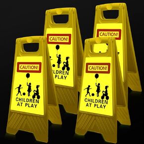 4 PCS Reflective Slow Down Kids at Play Sign Double Sided 24 Inch Portable Handle Children At Play Warning Board Caution Safety Signs for Street Neighborhood Yard School Park Sidewalk Driveway