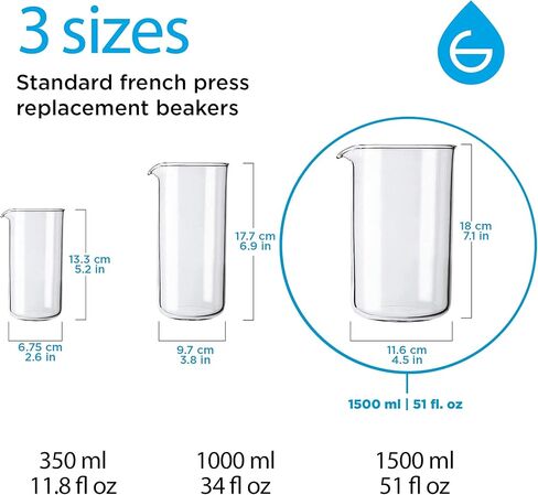 GROSCHE Borosilicate 3.3 Glass Universal Replacement Beaker for French Press Coffee and Tea Makers - (34.oz - Medium) in Kuwait