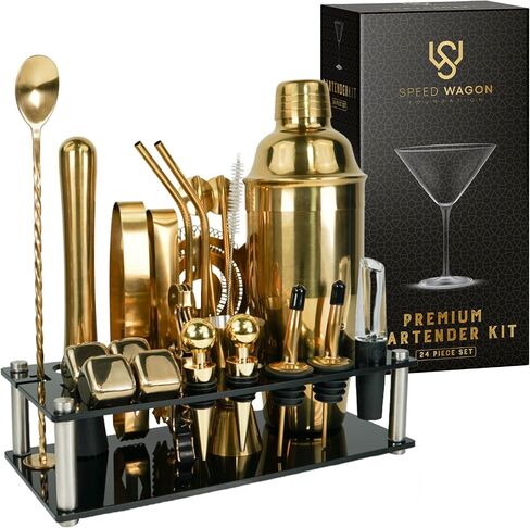 Mixology Bartender Kit – 24 Piece Gold Cocktail Shaker Set w/Stand – Essential Home Bar Accessories Martini Shaker, Jigger, Muddler, Chilling Cubes & More in Saudi Arabia