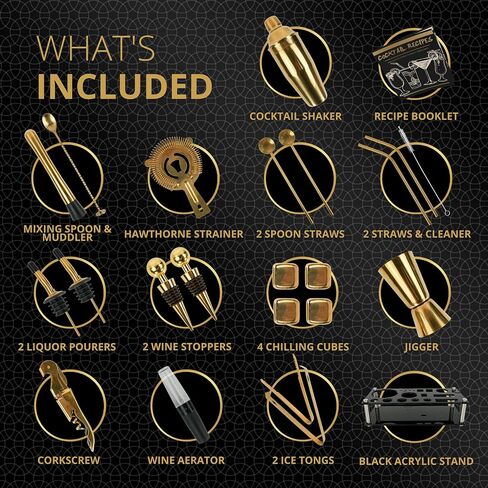 Mixology Bartender Kit – 24 Piece Gold Cocktail Shaker Set w/Stand – Essential Home Bar Accessories Martini Shaker, Jigger, Muddler, Chilling Cubes & More in Saudi Arabia