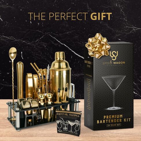Mixology Bartender Kit – 24 Piece Gold Cocktail Shaker Set w/Stand – Essential Home Bar Accessories Martini Shaker, Jigger, Muddler, Chilling Cubes & More in Saudi Arabia