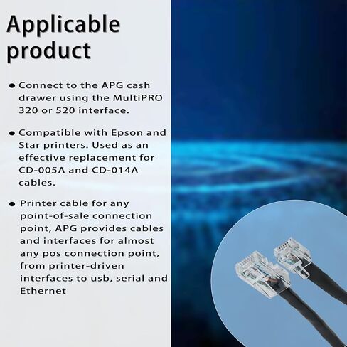 Piwerod APG Printer Interface Cable, CD-101A, Cash Drawer to Printer Connection Cable, 1 RJ12 Male and 1 RJ-45 Male, with MultiPRO Interface, Compatible with EPSON and Star Printers (Black - 5 ") in Kuwait