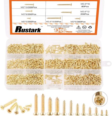 Rustark 1300 قطعة M2 M2.6 رأس مسطح ذهبي فيليبس كروس مسامير خشبية صغيرة، مجموعة متنوعة من البراغي الإلكترونية 5 مم، 6 مم، 8 مم، 10 مم، 12 مم، 16 مم، مسامير صغيرة مترية صغيرة in Kuwait