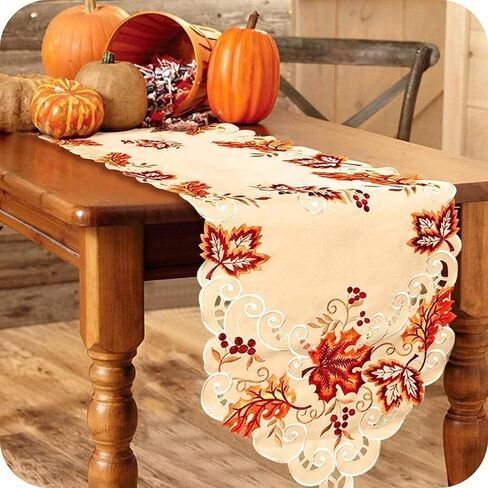 OurWarm 15 x 67 Inch Embroidered Maple Leaves Table Runner, Handmade Table Cover for Fall and Thanksgiving Party Decoration in Saudi Arabia