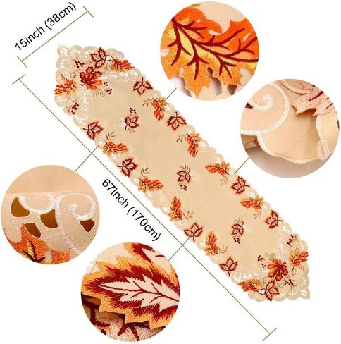 OurWarm 15 x 67 Inch Embroidered Maple Leaves Table Runner, Handmade Table Cover for Fall and Thanksgiving Party Decoration in Saudi Arabia