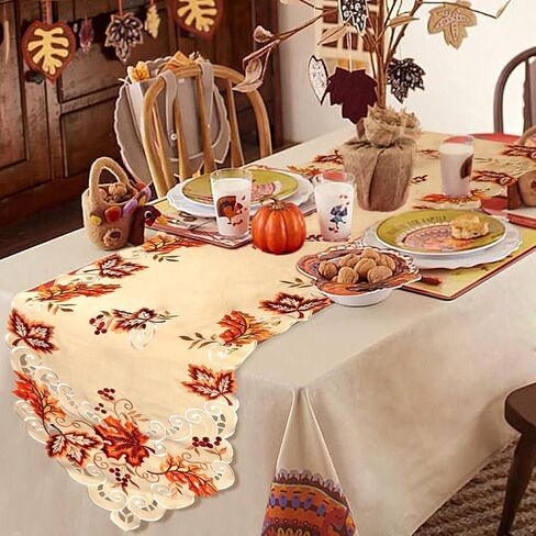 OurWarm 15 x 67 Inch Embroidered Maple Leaves Table Runner, Handmade Table Cover for Fall and Thanksgiving Party Decoration in Saudi Arabia