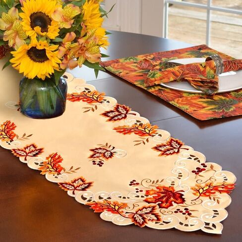 OurWarm 15 x 67 Inch Embroidered Maple Leaves Table Runner, Handmade Table Cover for Fall and Thanksgiving Party Decoration in Saudi Arabia