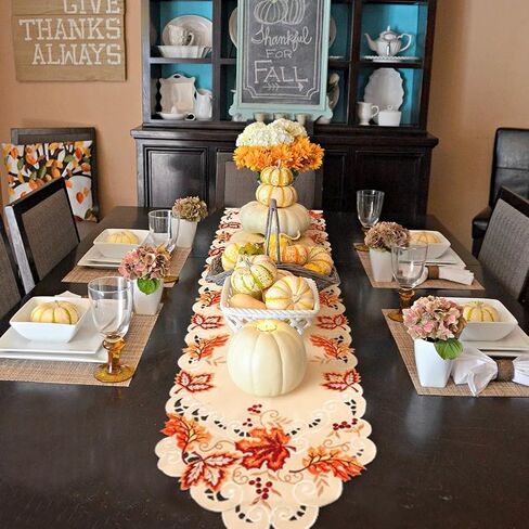 OurWarm 15 x 67 Inch Embroidered Maple Leaves Table Runner, Handmade Table Cover for Fall and Thanksgiving Party Decoration in Saudi Arabia