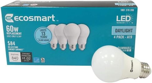 (4 عبوات) Ecosmart A19 LED 60 وات بديلة (8.5 وات) ضوء نهاري أبيض (5000 ك) 840 لومن من مصابيح الطاقة ذات قاعدة متوسطة E26 قابلة للتعتيم على شكل منتظم in Kuwait