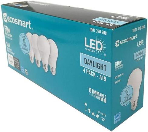 (4 عبوات) Ecosmart A19 LED 60 وات بديلة (8.5 وات) ضوء نهاري أبيض (5000 ك) 840 لومن من مصابيح الطاقة ذات قاعدة متوسطة E26 قابلة للتعتيم على شكل منتظم in Kuwait