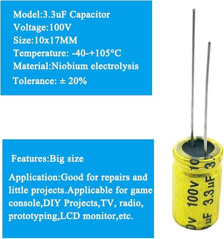 3.3 فائق التوهج 100 فولت مكثف، 10 قطع غير مستقطبة مكثف كهربائيا 100 فولت 3.3 فائق التوهج 10 مم × 17 مم NP مكثف in Kuwait