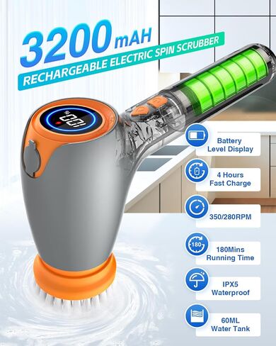 جهاز تنظيف كهربائي لاسلكي قابل لإعادة الشحن مع 5 رؤوس بديلة لفرشاة التنظيف، جهاز تنظيف كهربائي بقدرة 3200 مللي أمبير في الساعة للتنظيف مع شاشة LED، جهاز تنظيف دش 60 مل لبلاط نافذة حوض السيارة وأرضية السيارة in Kuwait