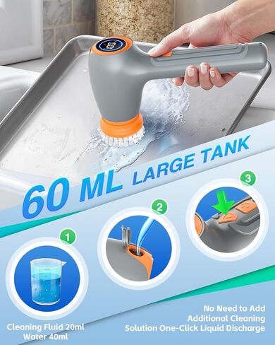 جهاز تنظيف كهربائي لاسلكي قابل لإعادة الشحن مع 5 رؤوس بديلة لفرشاة التنظيف، جهاز تنظيف كهربائي بقدرة 3200 مللي أمبير في الساعة للتنظيف مع شاشة LED، جهاز تنظيف دش 60 مل لبلاط نافذة حوض السيارة وأرضية السيارة in Kuwait