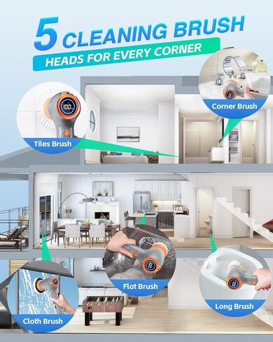 جهاز تنظيف كهربائي لاسلكي قابل لإعادة الشحن مع 5 رؤوس بديلة لفرشاة التنظيف، جهاز تنظيف كهربائي بقدرة 3200 مللي أمبير في الساعة للتنظيف مع شاشة LED، جهاز تنظيف دش 60 مل لبلاط نافذة حوض السيارة وأرضية السيارة in Kuwait