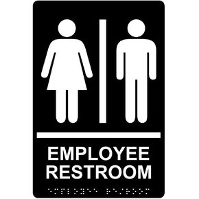 ComplianceSigns.com Employee Restroom Sign, ADA-Compliant Braille and Raised Letters, 9x6 inch White on Black Acrylic with Adhesive Mounting Strips