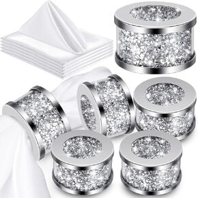 6 Sets Silver Glass Diamond Napkin Holder Ring White Cloth Napkins,Stainless Steel Framed Crystal Silver Napkin Rings Serviette Buckles Cloth Holder for Wedding Party Dining Table in Saudi Arabia