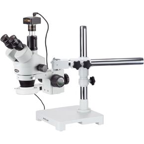 AmScope SM-3T-54S-5M مجهر تكبير ستيريو رقمي احترافي ثلاثي العينيات، عدسات WH10x، تكبير 7X-45X، هدف تكبير 0.7X-4.5X، ضوء LED 54 لمبة، حامل ذراع واحد، 110 فولت - 240 فولت، يتضمن كاميرا 5 ميجابكسل مع عدسة التخفيض والبرمجيات in Kuwait
