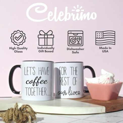 سيلبريمو مجموعة اكواب قهوة بعبارة Lets Have Coffee Together For The Rest Of Our Lives - هدايا الخطوبة للازواج - هدية زفاف السيد والسيدة للزوجين - اكواب للعروس والعريس in Kuwait