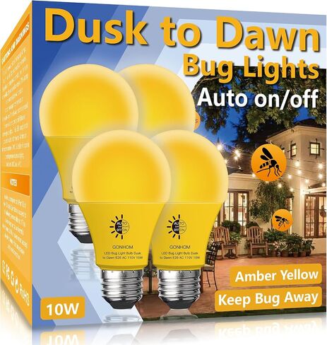 مصباح Gonhom Dusk to Dawn Bug Light Bulb في الهواء الطلق، 2 لمبة إضاءة كهرمانية، تشغيل/إيقاف تلقائي، 10 وات (ما يعادل 100 وات)، قاعدة E26، مصابيح حشرات للخارج. أضواء الشرفة في الردهة المنزلية. مصابيح زخرفية. غرفة النوم in Kuwait