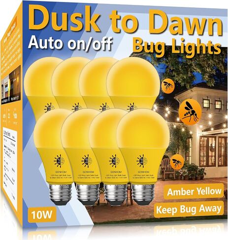 مصباح Gonhom Dusk to Dawn Bug Light Bulb في الهواء الطلق، 2 لمبة إضاءة كهرمانية، تشغيل/إيقاف تلقائي، 10 وات (ما يعادل 100 وات)، قاعدة E26، مصابيح حشرات للخارج. أضواء الشرفة في الردهة المنزلية. مصابيح زخرفية. غرفة النوم in Kuwait