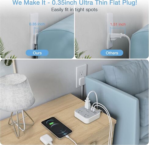 15 FT Ultra Thin Flat Plug Extension Cord, TESSAN Slim Power Strip with Flat Wall Plug, 3 Outlets with 3 USB Ports, Flat Long Cord for Cruise Ship Home Travel and Dorm Room Essentials in Saudi Arabia