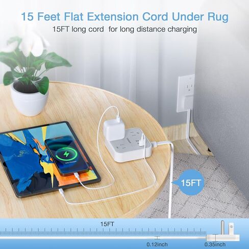 15 FT Ultra Thin Flat Plug Extension Cord, TESSAN Slim Power Strip with Flat Wall Plug, 3 Outlets with 3 USB Ports, Flat Long Cord for Cruise Ship Home Travel and Dorm Room Essentials in Saudi Arabia