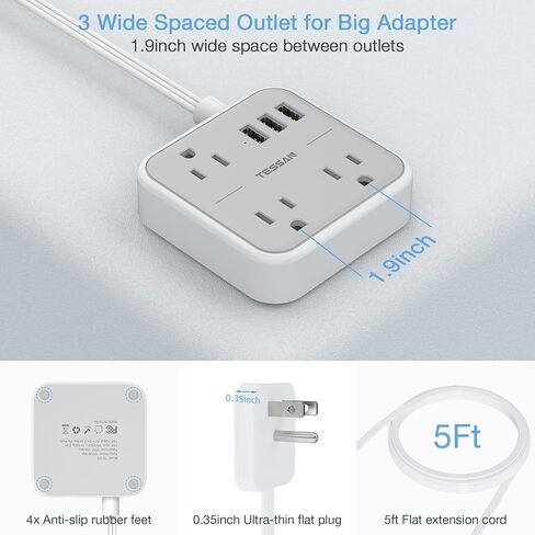15 FT Ultra Thin Flat Plug Extension Cord, TESSAN Slim Power Strip with Flat Wall Plug, 3 Outlets with 3 USB Ports, Flat Long Cord for Cruise Ship Home Travel and Dorm Room Essentials in Saudi Arabia