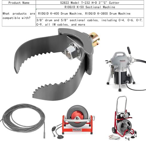 قاطع Deecaray 52822 موديل T-232 H-D 3""C، أداة تنظيف تصريف وصلة الكابل، متوافقة مع آلة الطبل RIDGID K-400، أو آلة الطبل RIDGID K-3800، أو آلة RIDGID K-50 المقسمة in Kuwait