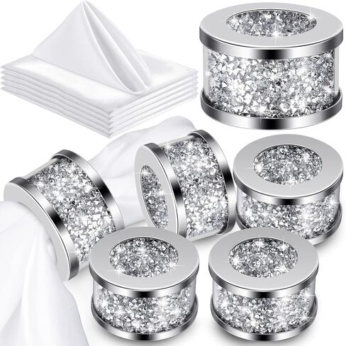 6 Sets Silver Glass Diamond Napkin Holder Ring White Cloth Napkins,Stainless Steel Framed Crystal Silver Napkin Rings Serviette Buckles Cloth Holder for Wedding Party Dining Table in Saudi Arabia