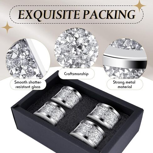 6 Sets Silver Glass Diamond Napkin Holder Ring White Cloth Napkins,Stainless Steel Framed Crystal Silver Napkin Rings Serviette Buckles Cloth Holder for Wedding Party Dining Table in Saudi Arabia