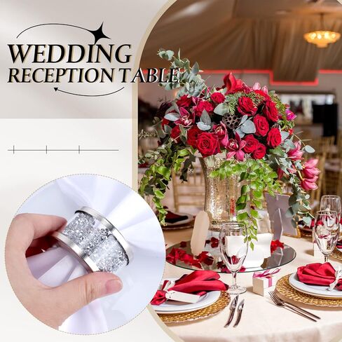 6 Sets Silver Glass Diamond Napkin Holder Ring White Cloth Napkins,Stainless Steel Framed Crystal Silver Napkin Rings Serviette Buckles Cloth Holder for Wedding Party Dining Table in Saudi Arabia