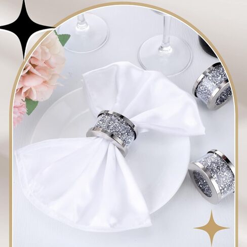 6 Sets Silver Glass Diamond Napkin Holder Ring White Cloth Napkins,Stainless Steel Framed Crystal Silver Napkin Rings Serviette Buckles Cloth Holder for Wedding Party Dining Table in Saudi Arabia