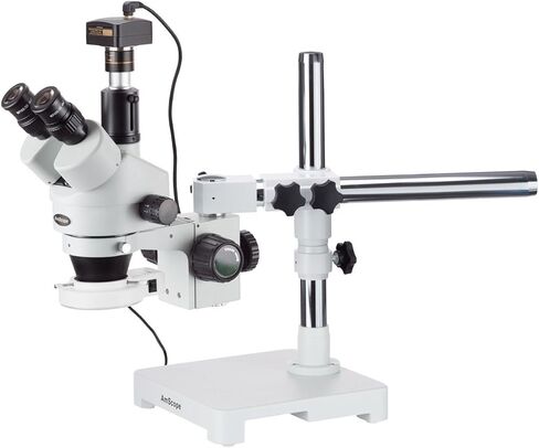 AmScope SM-3T-54S-5M مجهر تكبير ستيريو رقمي احترافي ثلاثي العينيات، عدسات WH10x، تكبير 7X-45X، هدف تكبير 0.7X-4.5X، ضوء LED 54 لمبة، حامل ذراع واحد، 110 فولت - 240 فولت، يتضمن كاميرا 5 ميجابكسل مع عدسة التخفيض والبرمجيات in Saudi Arabia